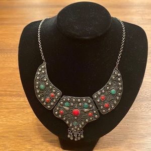 Silver Tone Necklace with Red and Green Accents